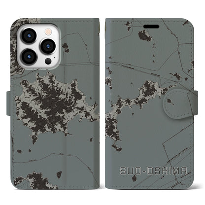 【周防大島（山口県）】地図柄iPhoneケース（手帳タイプ）モノトーン・iPhone 13 Pro 用