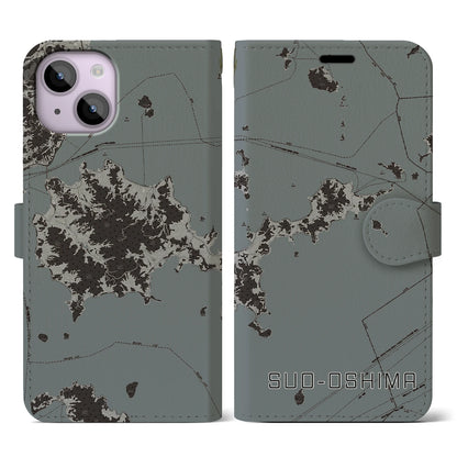 【周防大島（山口県）】地図柄iPhoneケース（手帳タイプ）モノトーン・iPhone 14 用