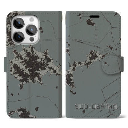 【周防大島（山口県）】地図柄iPhoneケース（手帳タイプ）モノトーン・iPhone 14 Pro 用