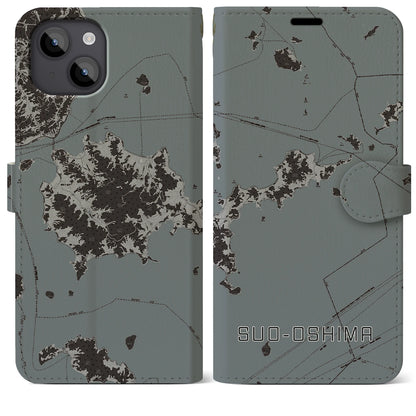 【周防大島（山口県）】地図柄iPhoneケース（手帳タイプ）モノトーン・iPhone 14 Plus 用