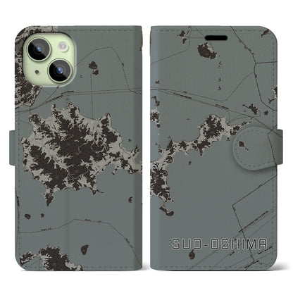 【周防大島（山口県）】地図柄iPhoneケース（手帳タイプ）モノトーン・iPhone 15 用