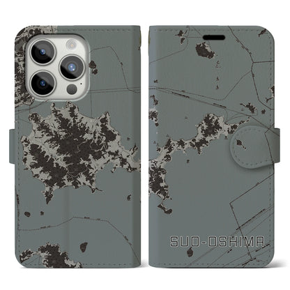 【周防大島（山口県）】地図柄iPhoneケース（手帳タイプ）モノトーン・iPhone 15 Pro 用