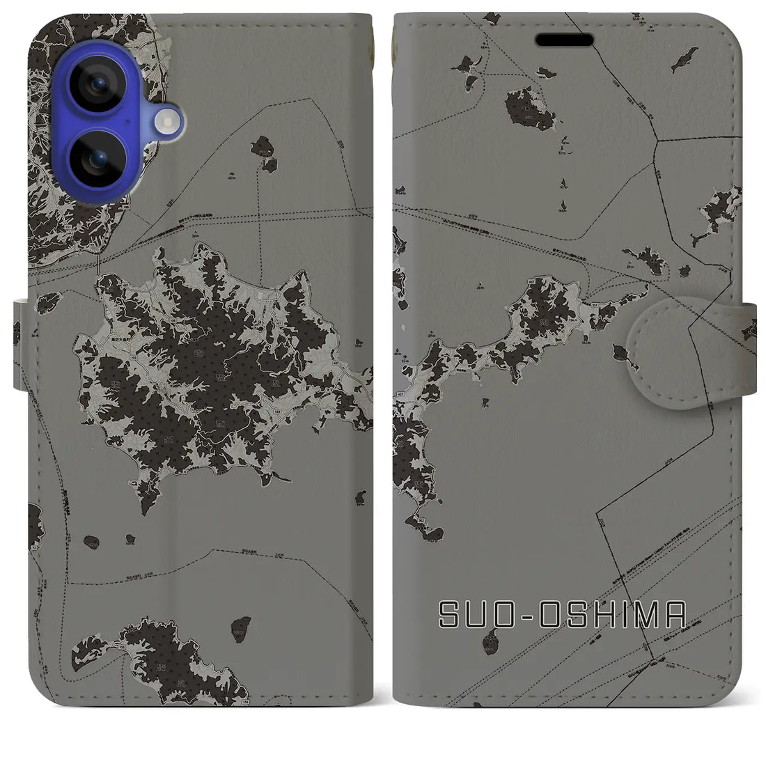 【周防大島(山口県)】地図柄iPhoneケース(手帳タイプ)モノトーン・iPhone 16 Pro Max 用