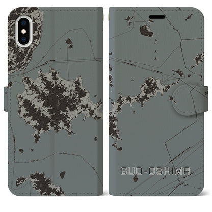 【周防大島（山口県）】地図柄iPhoneケース（手帳タイプ）モノトーン・iPhone XS Max 用