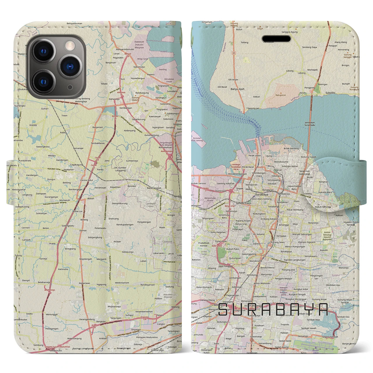【スラバヤ（インドネシア）】地図柄iPhoneケース（手帳タイプ）