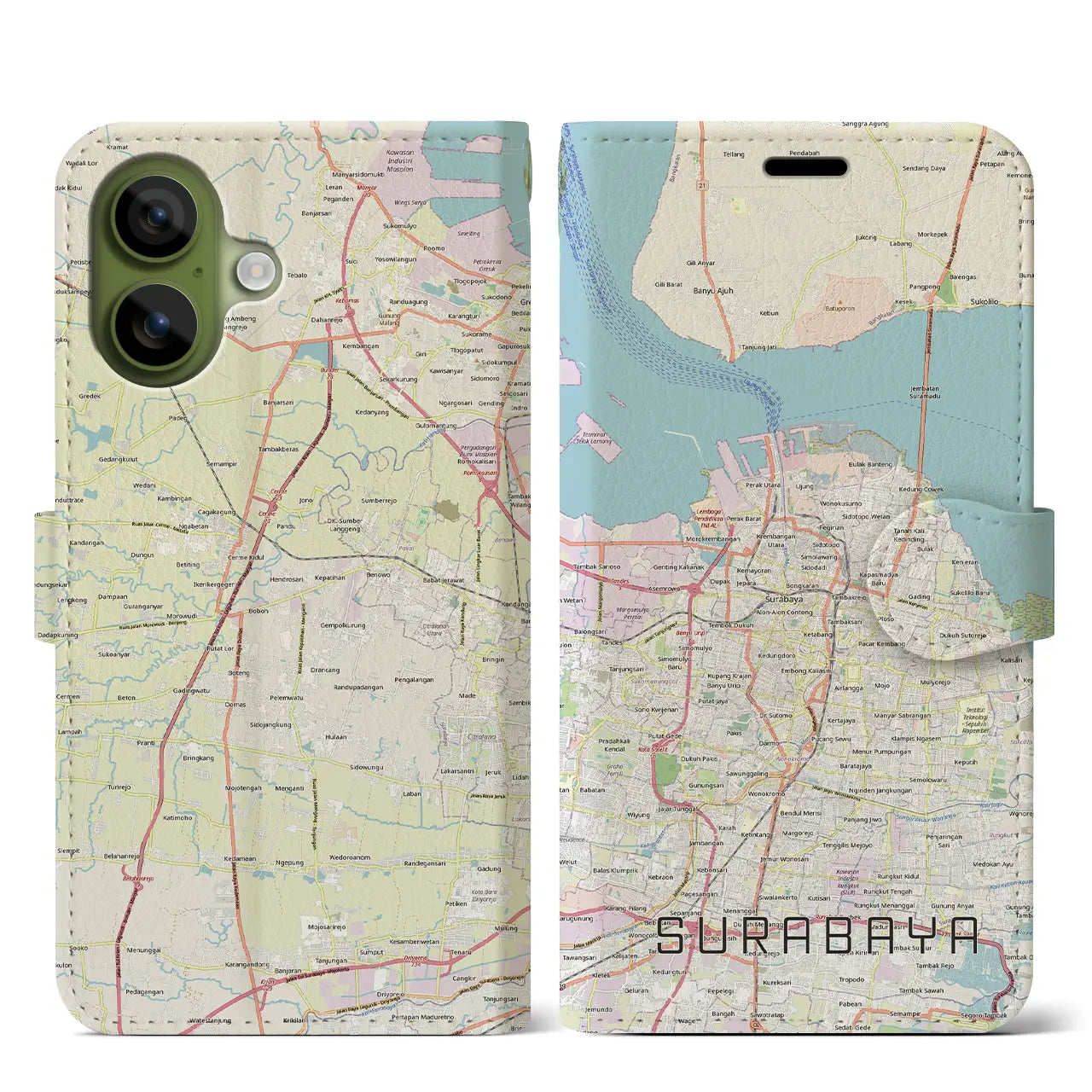 【スラバヤ（インドネシア）】地図柄iPhoneケース（手帳タイプ）ナチュラル・iPhone 17 Pro Max 用