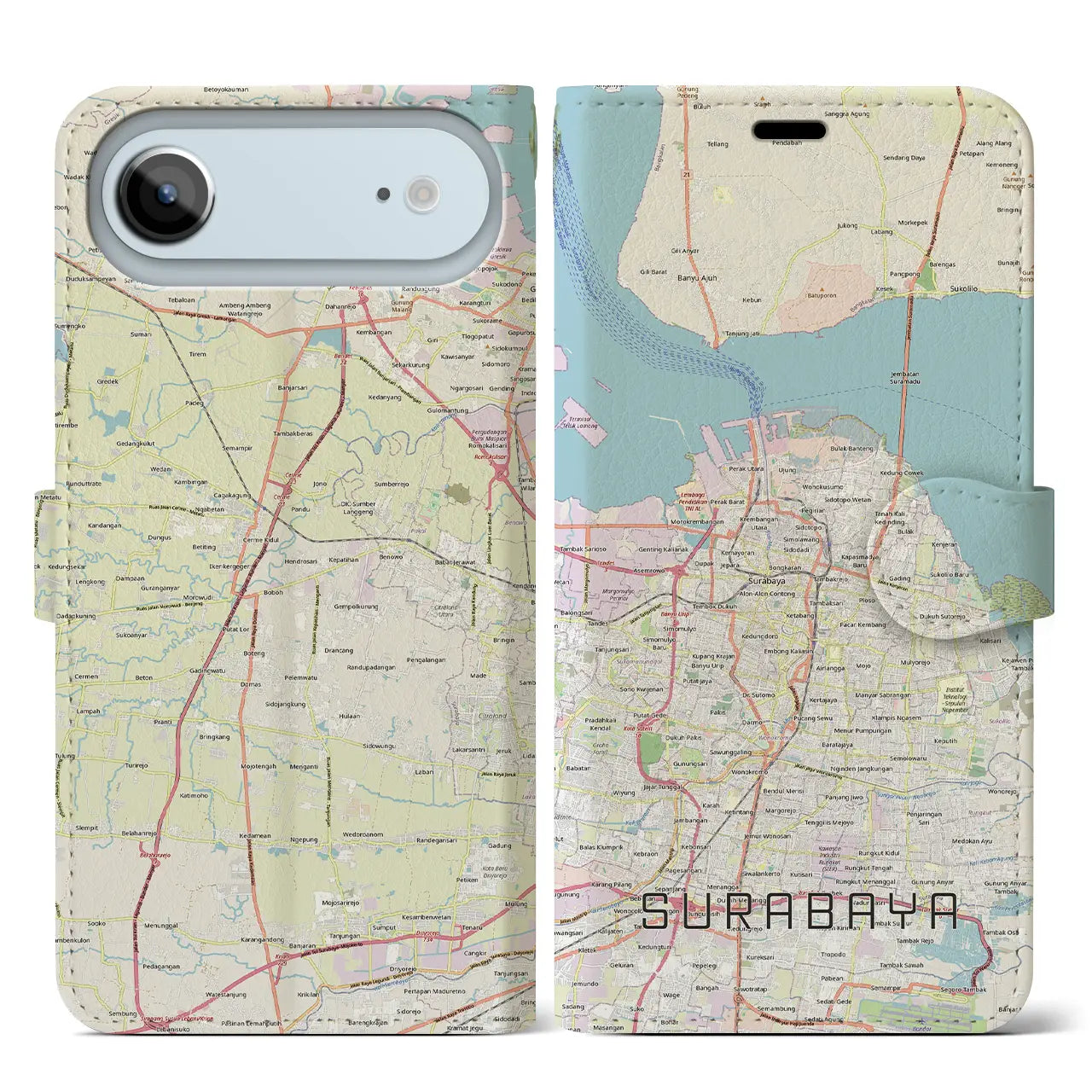 【スラバヤ（インドネシア）】地図柄iPhoneケース（手帳タイプ）モノトーン・iPhone 17 Pro Max 用