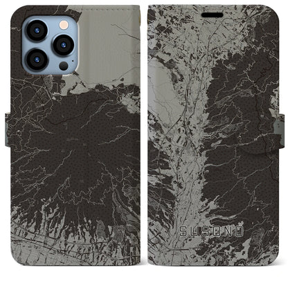 【裾野（静岡県）】地図柄iPhoneケース（手帳タイプ）モノトーン・iPhone 13 Pro Max 用