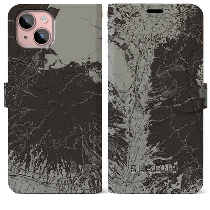 【裾野（静岡県）】地図柄iPhoneケース（手帳タイプ）モノトーン・iPhone 15 Plus 用