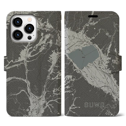 【諏訪（長野県）】地図柄iPhoneケース（手帳タイプ）モノトーン・iPhone 13 Pro 用