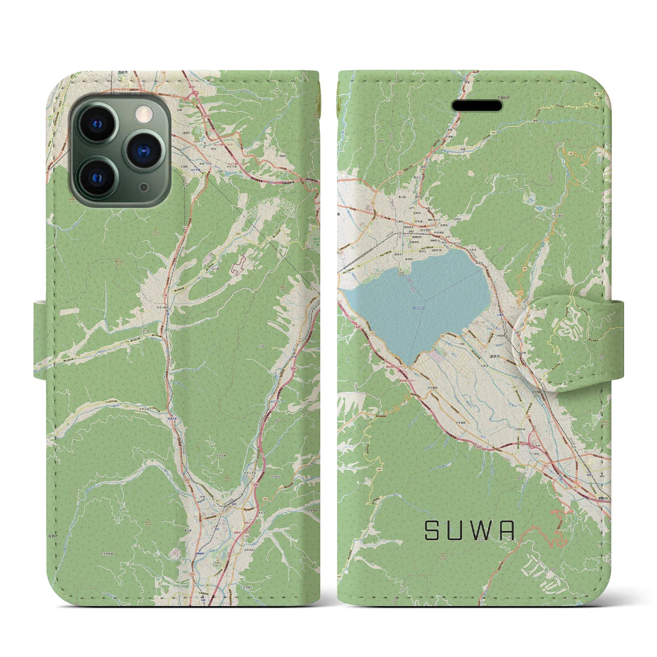 【諏訪（長野県）】地図柄iPhoneケース（手帳タイプ）ナチュラル・iPhone 11 Pro 用