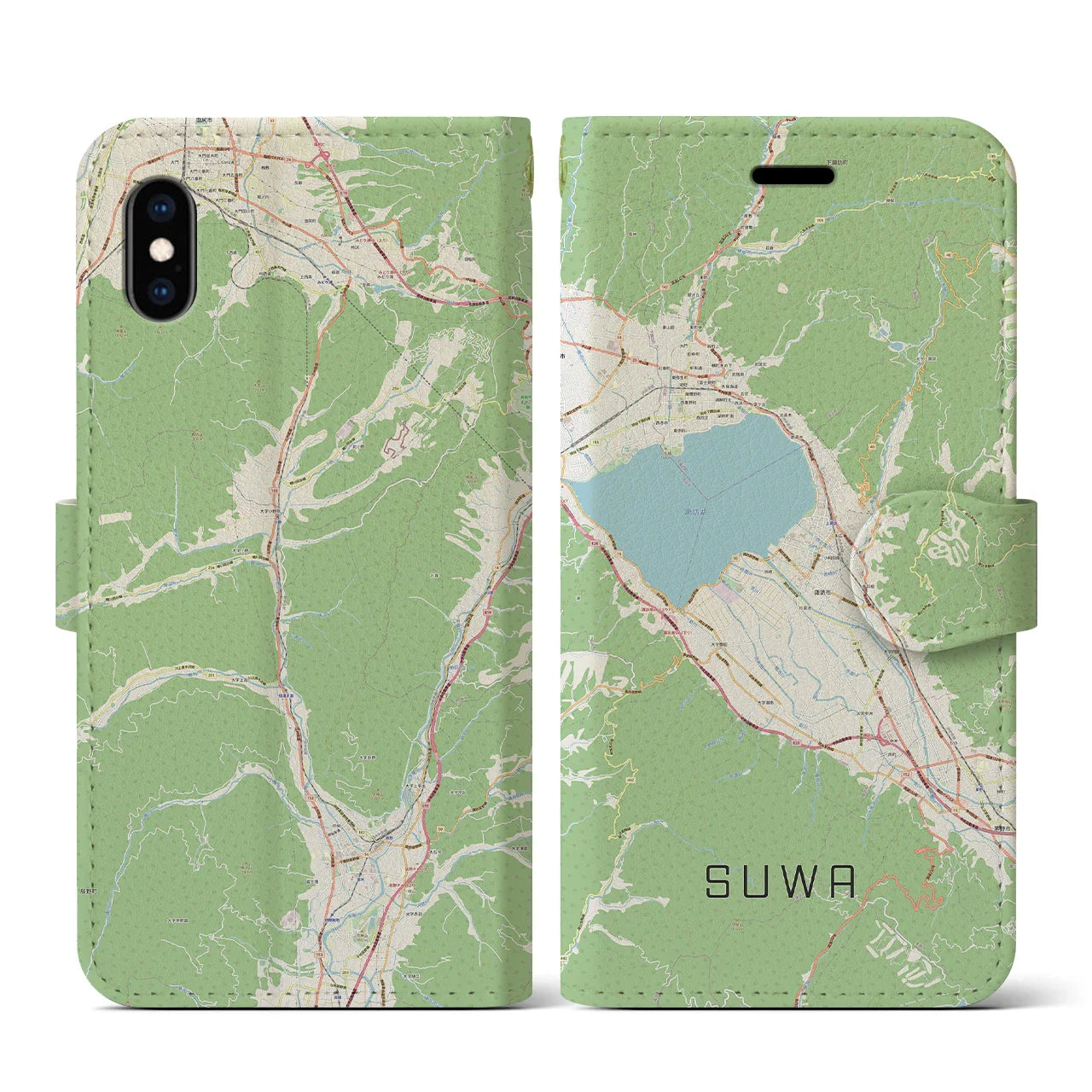 【諏訪（長野県）】地図柄iPhoneケース（手帳タイプ）ナチュラル・iPhone XS / X 用