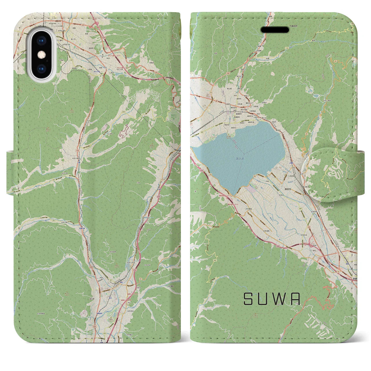 【諏訪（長野県）】地図柄iPhoneケース（手帳タイプ）ナチュラル・iPhone XS Max 用