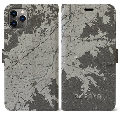 【須坂（長野県）】地図柄iPhoneケース（手帳タイプ）モノトーン・iPhone 11 Pro Max 用