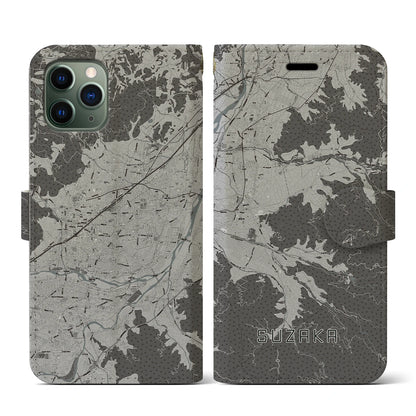 【須坂（長野県）】地図柄iPhoneケース（手帳タイプ）モノトーン・iPhone 11 Pro 用