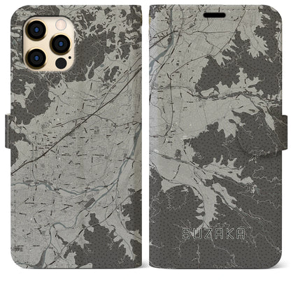 【須坂（長野県）】地図柄iPhoneケース（手帳タイプ）モノトーン・iPhone 12 Pro Max 用