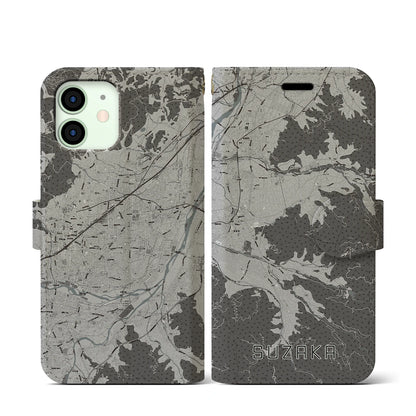 【須坂（長野県）】地図柄iPhoneケース（手帳タイプ）モノトーン・iPhone 12 mini 用