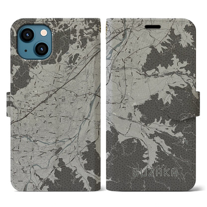 【須坂（長野県）】地図柄iPhoneケース（手帳タイプ）モノトーン・iPhone 13 用