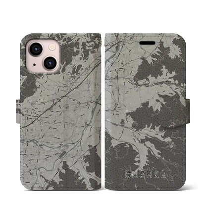 【須坂（長野県）】地図柄iPhoneケース（手帳タイプ）モノトーン・iPhone 13 mini 用