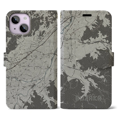 【須坂（長野県）】地図柄iPhoneケース（手帳タイプ）モノトーン・iPhone 14 用