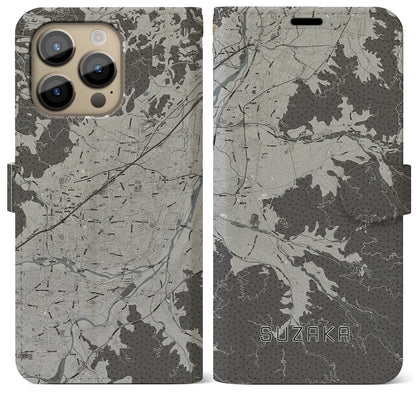 【須坂（長野県）】地図柄iPhoneケース（手帳タイプ）モノトーン・iPhone 14 Pro Max 用