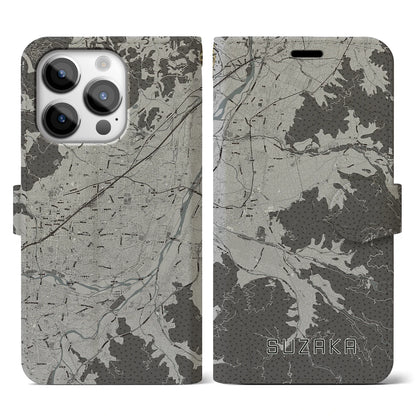 【須坂（長野県）】地図柄iPhoneケース（手帳タイプ）モノトーン・iPhone 14 Pro 用