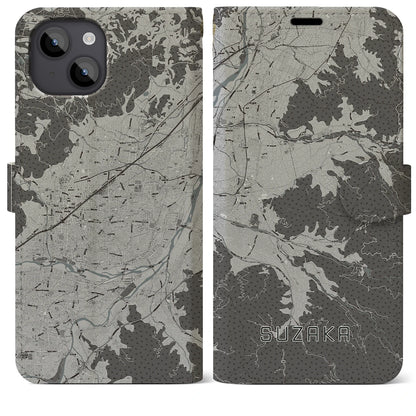 【須坂（長野県）】地図柄iPhoneケース（手帳タイプ）モノトーン・iPhone 14 Plus 用