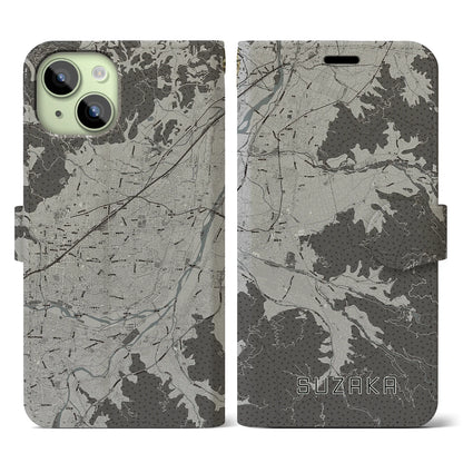 【須坂（長野県）】地図柄iPhoneケース（手帳タイプ）モノトーン・iPhone 15 用