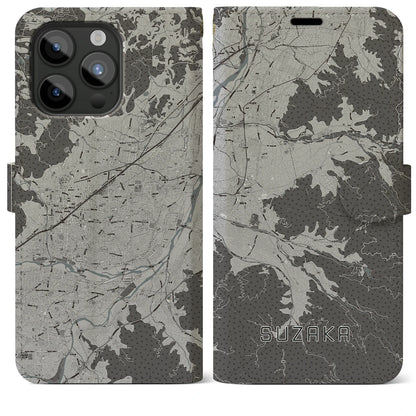 【須坂（長野県）】地図柄iPhoneケース（手帳タイプ）モノトーン・iPhone 15 Pro Max 用