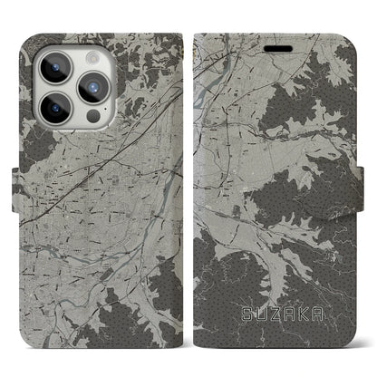 【須坂（長野県）】地図柄iPhoneケース（手帳タイプ）モノトーン・iPhone 15 Pro 用