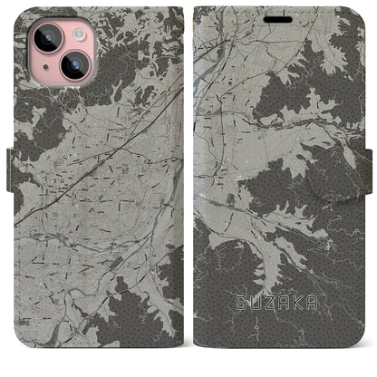 【須坂（長野県）】地図柄iPhoneケース（手帳タイプ）モノトーン・iPhone 15 Plus 用