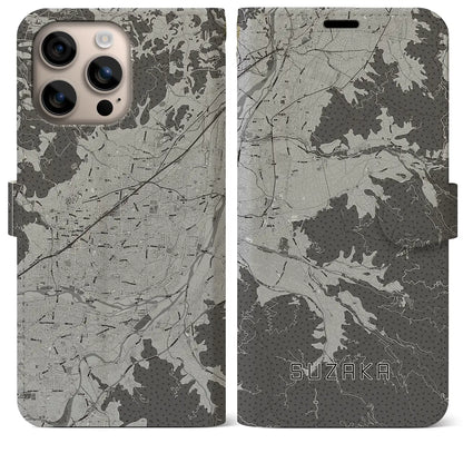 【須坂（長野県）】地図柄iPhoneケース（手帳タイプ）モノトーン・iPhone 16 Plus 用