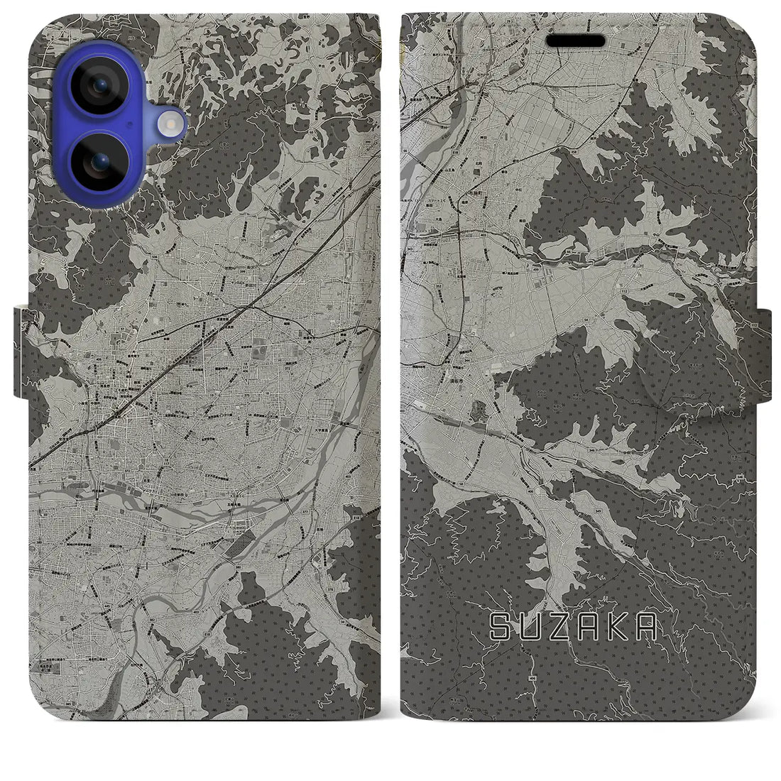 【須坂(長野県)】地図柄iPhoneケース(手帳タイプ)モノトーン・iPhone 16 Pro Max 用