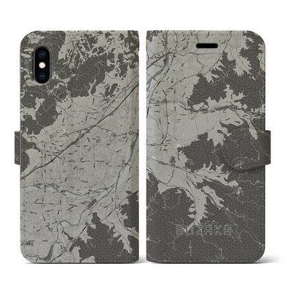 【須坂（長野県）】地図柄iPhoneケース（手帳タイプ）モノトーン・iPhone XS / X 用