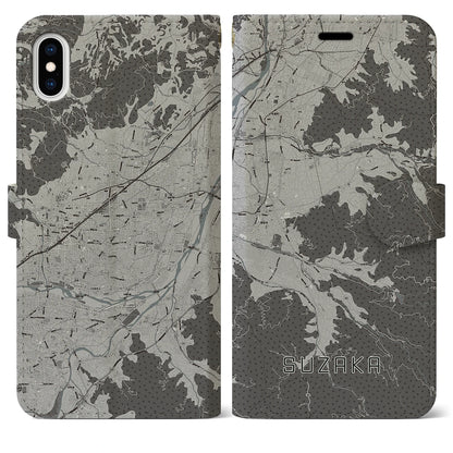 【須坂（長野県）】地図柄iPhoneケース（手帳タイプ）モノトーン・iPhone XS Max 用