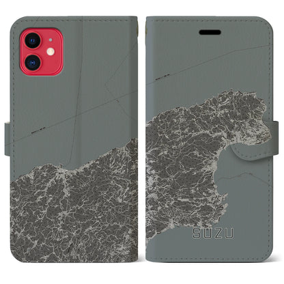 【珠洲（石川県）】地図柄iPhoneケース（手帳タイプ）モノトーン・iPhone 11 用