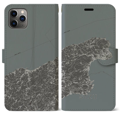 【珠洲（石川県）】地図柄iPhoneケース（手帳タイプ）モノトーン・iPhone 11 Pro Max 用