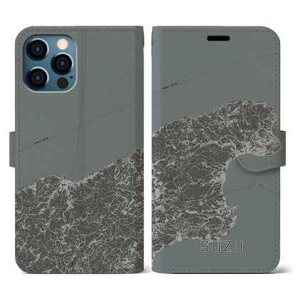 【珠洲（石川県）】地図柄iPhoneケース（手帳タイプ）モノトーン・iPhone 12 / 12 Pro 用