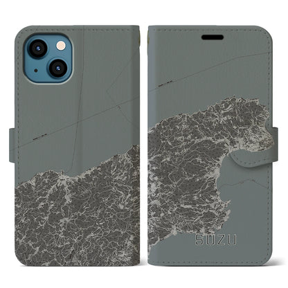 【珠洲（石川県）】地図柄iPhoneケース（手帳タイプ）モノトーン・iPhone 13 用