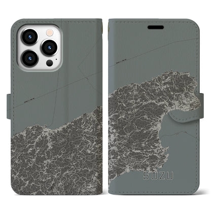 【珠洲（石川県）】地図柄iPhoneケース（手帳タイプ）モノトーン・iPhone 13 Pro 用