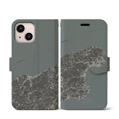 【珠洲（石川県）】地図柄iPhoneケース（手帳タイプ）モノトーン・iPhone 13 mini 用