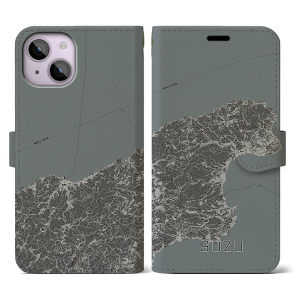 【珠洲（石川県）】地図柄iPhoneケース（手帳タイプ）モノトーン・iPhone 14 用