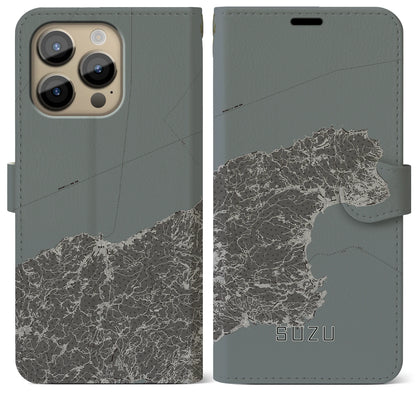 【珠洲（石川県）】地図柄iPhoneケース（手帳タイプ）モノトーン・iPhone 14 Pro Max 用