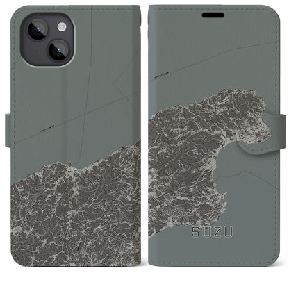 【珠洲（石川県）】地図柄iPhoneケース（手帳タイプ）モノトーン・iPhone 14 Plus 用