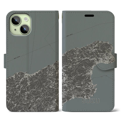 【珠洲（石川県）】地図柄iPhoneケース（手帳タイプ）モノトーン・iPhone 15 用