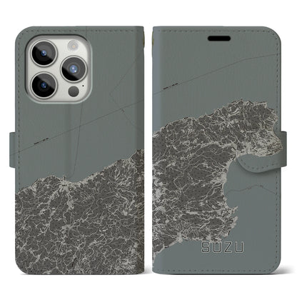 【珠洲（石川県）】地図柄iPhoneケース（手帳タイプ）モノトーン・iPhone 15 Pro 用