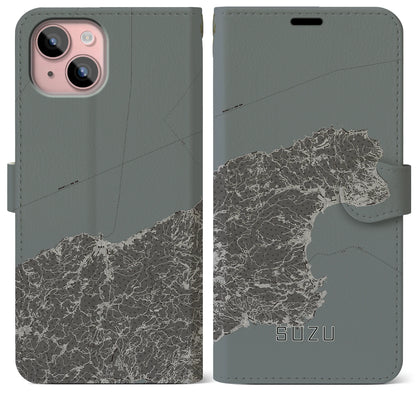 【珠洲（石川県）】地図柄iPhoneケース（手帳タイプ）モノトーン・iPhone 15 Plus 用