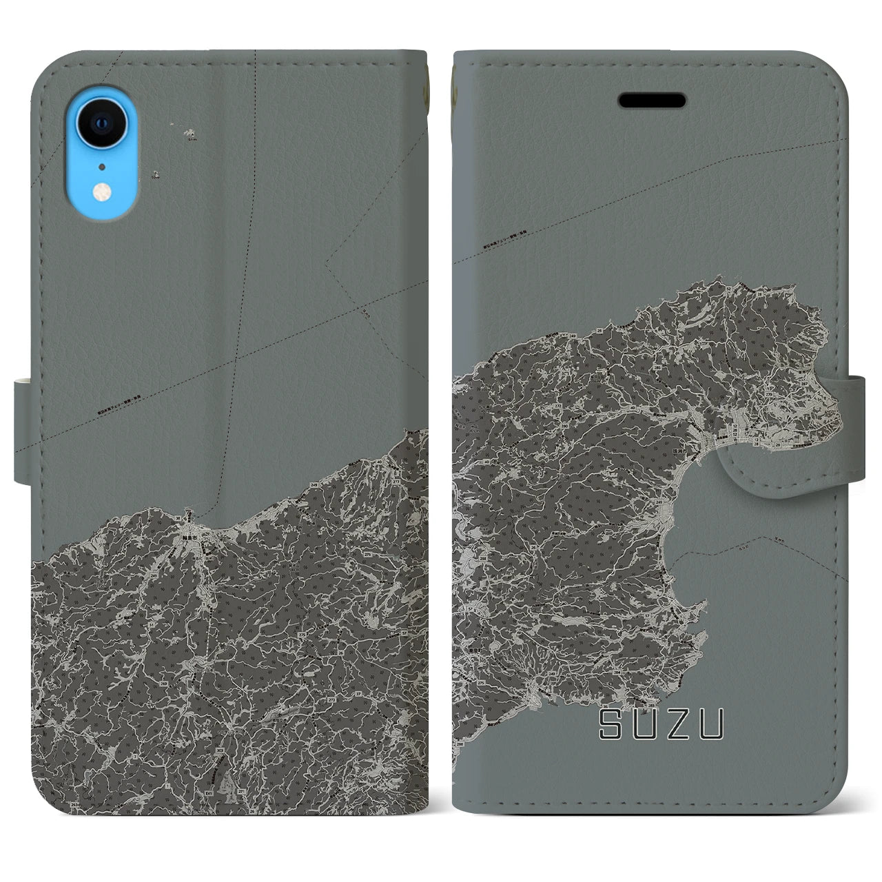【珠洲】地図柄iPhoneケース（手帳両面タイプ・モノトーン）iPhone XR 用