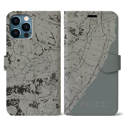 【鈴鹿（三重県）】地図柄iPhoneケース（手帳タイプ）モノトーン・iPhone 12 / 12 Pro 用