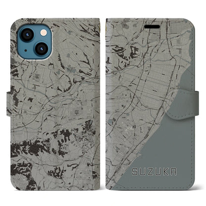 【鈴鹿（三重県）】地図柄iPhoneケース（手帳タイプ）モノトーン・iPhone 13 用